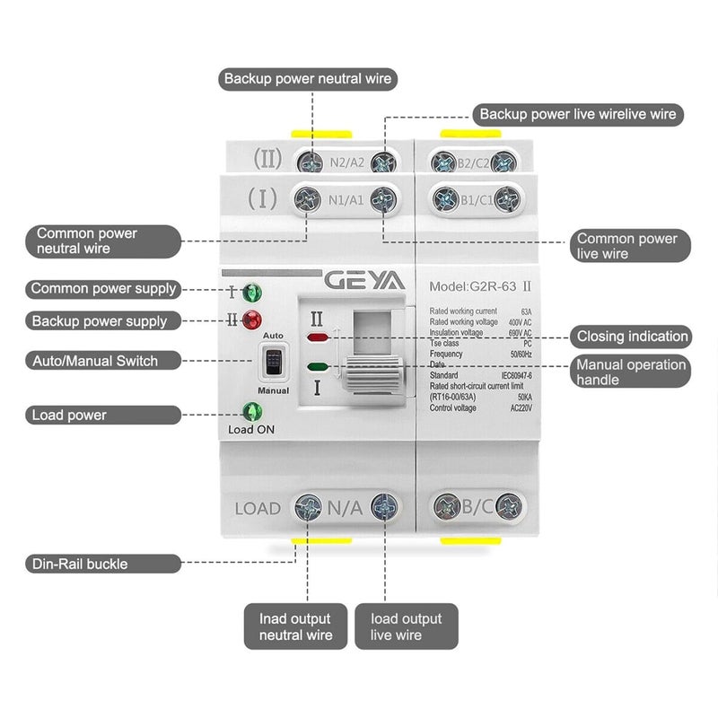 GEYA Mini ATS Dual Power Automatic Transfer Switch Electrical Selector Switches Uninterrupted Power Din Rail(4Pole 63A AC220V) - Image 5